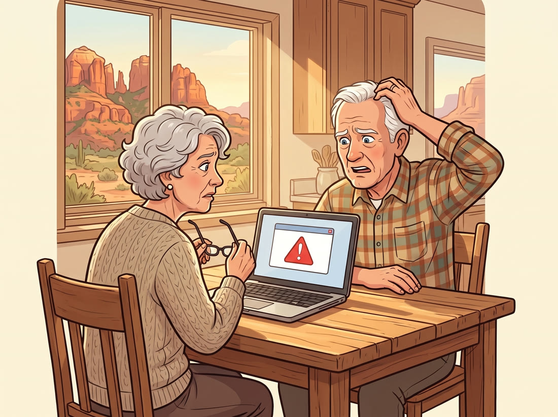 Cartoon: a worried Sedona couple stare at a laptop warning pop-up at their kitchen table