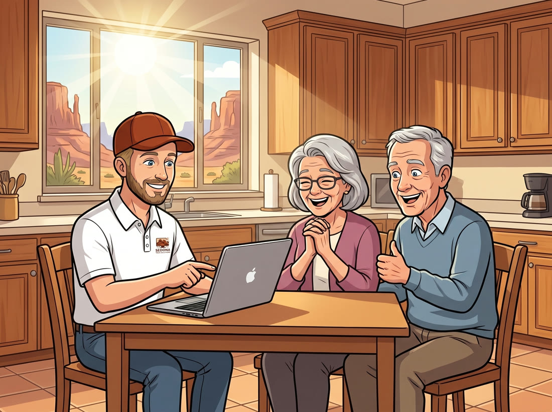 Cartoon: the Red Rock Tech Buddy beside the same couple, now smiling and relieved at their laptop